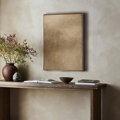 Illuminated by Aileen Fitzgerald by Four Hands. Made from rustic walnut, fredrix 558 raw canvas, gallery bracer in a modern style.