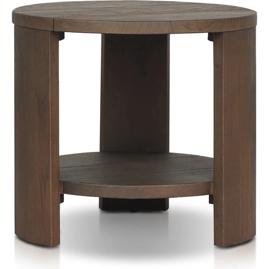 Roca Outdoor Round End Table by Four Hands in stained heritage brown-fsc. Made from solid fsc®-reclaimed teak in a unique style.