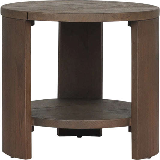 Roca Outdoor Round End Table by Four Hands in stained heritage brown-fsc. Made from solid fsc®-reclaimed teak in a transitional style.