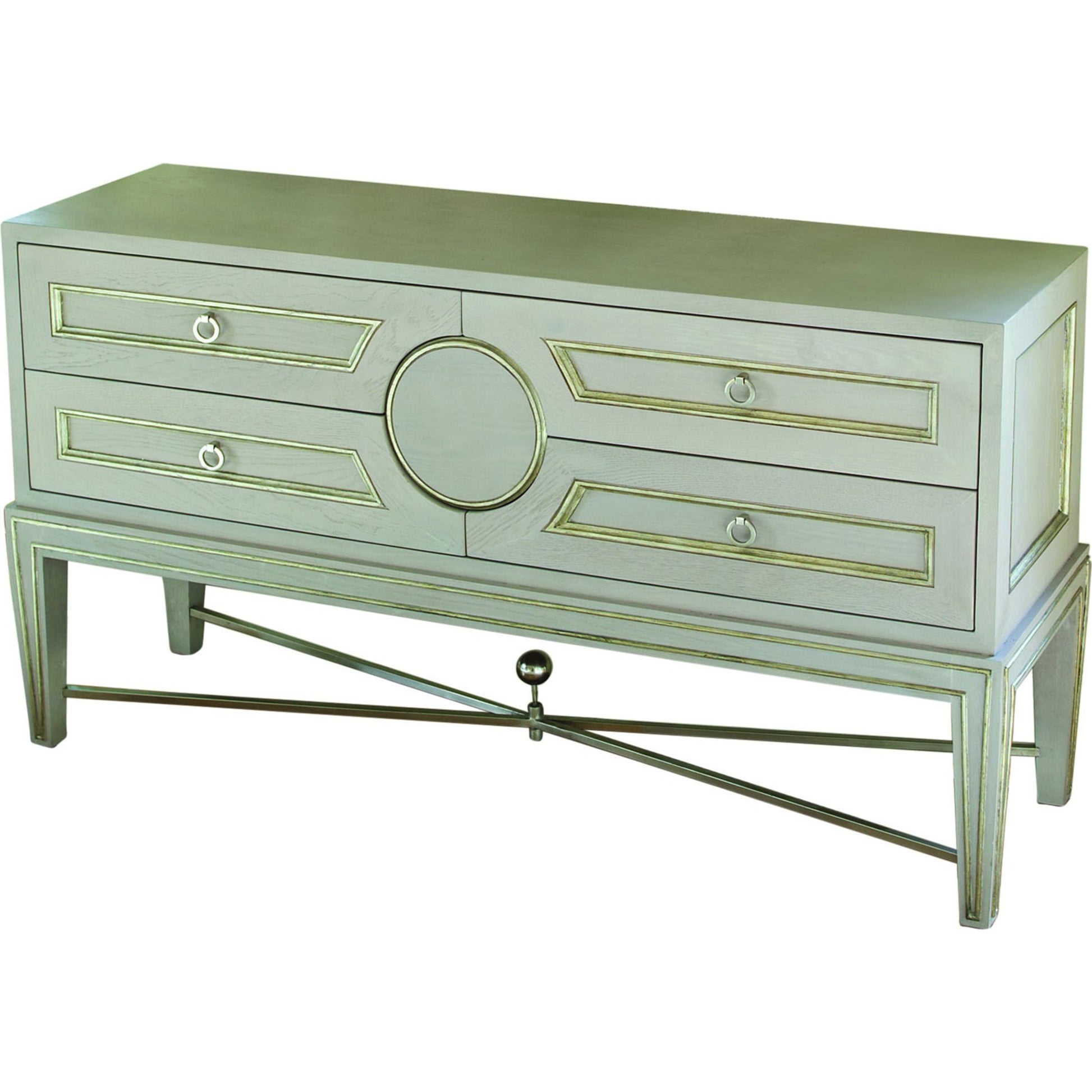 Collector's Console by Global Views in brass. Made from poplar with oak veneer, mdf with oak veneer in a transitional style.