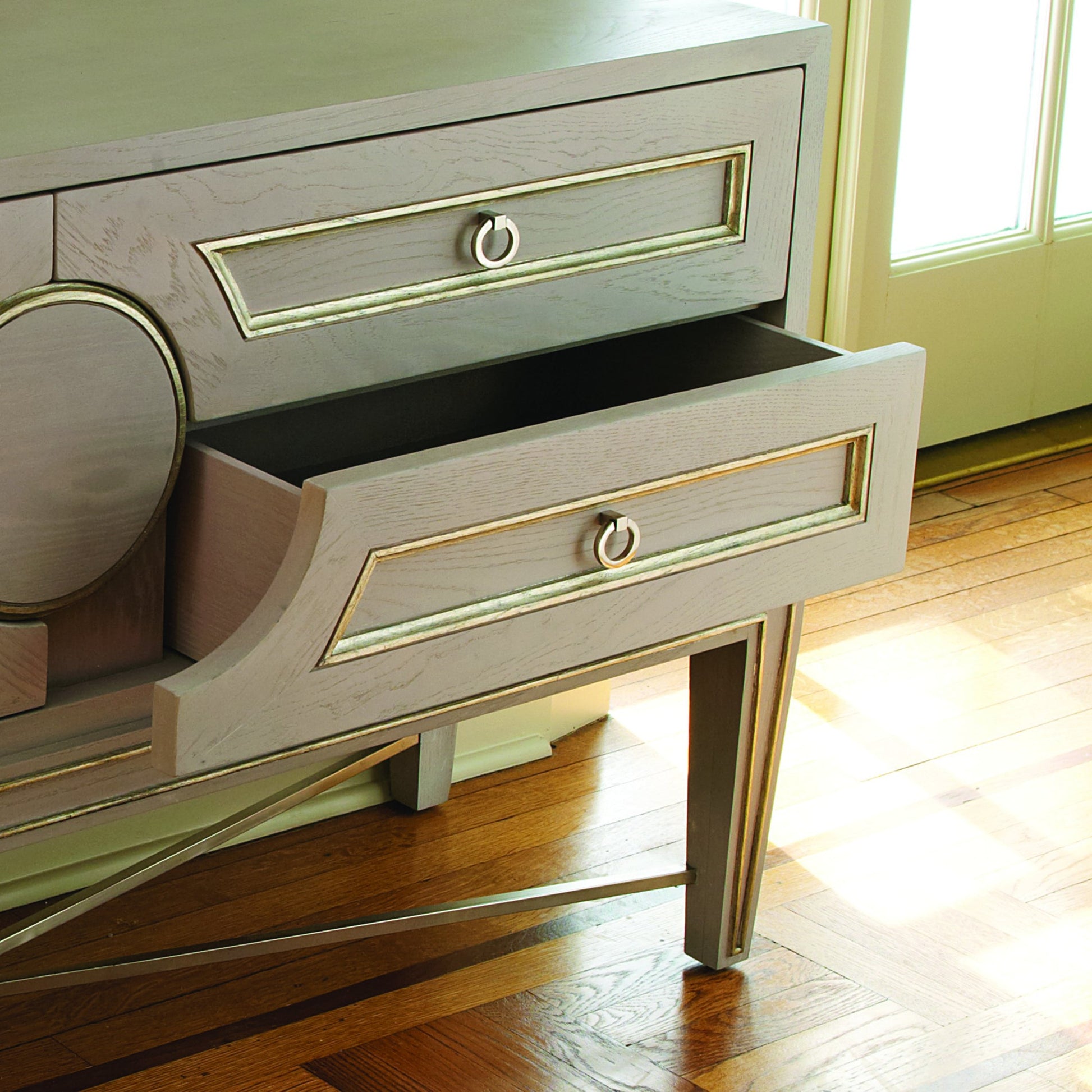 Collector's Console by Global Views in brass. Made from poplar with oak veneer, mdf with oak veneer in a transitional style.