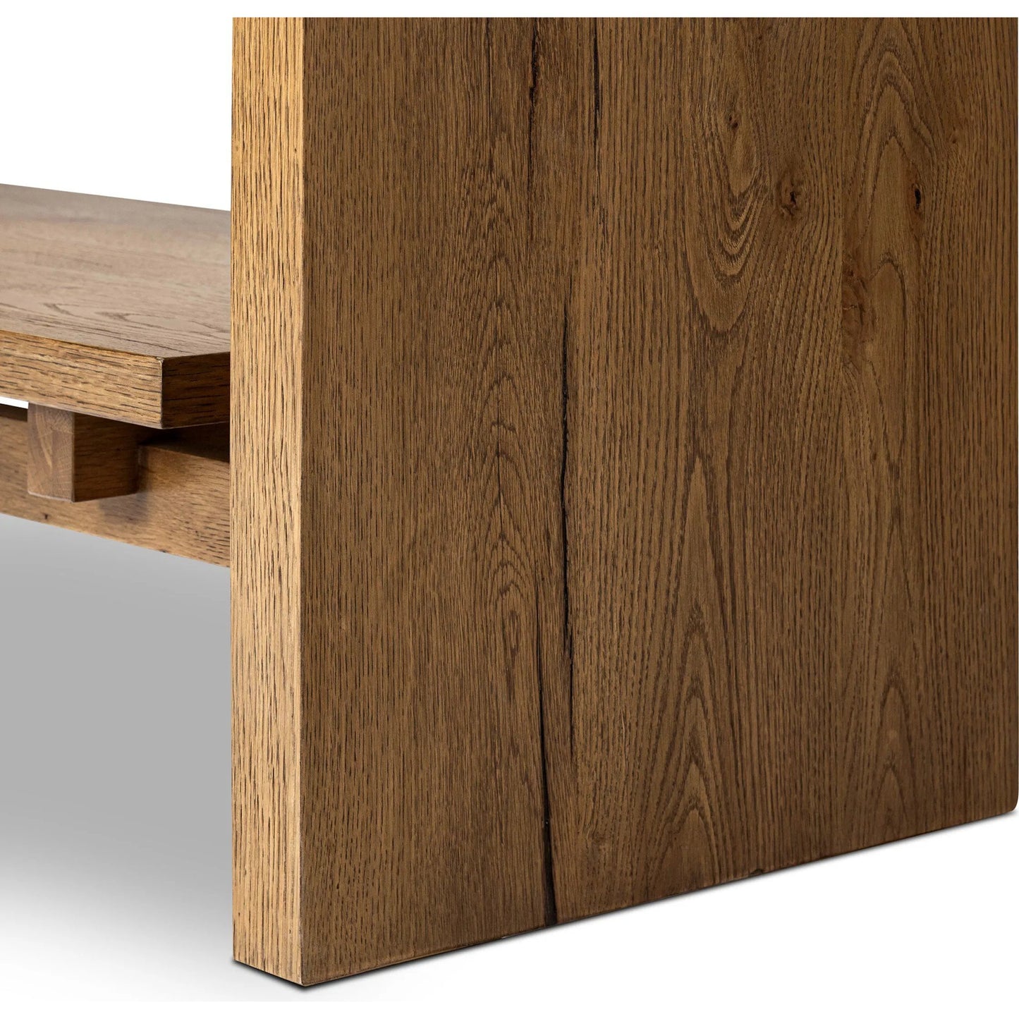 007 SI-2257153 | Closeup | Theodore Bookcase by Four Hands in rustic amber oak veneer. Made from thick oak veneer, engineered hardwood in a transitional style.