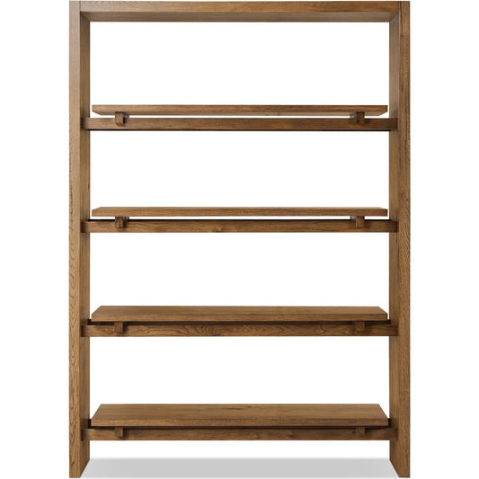 Theodore Bookcase by Four Hands in rustic amber oak veneer. Made from thick oak veneer, engineered hardwood in a unique style.