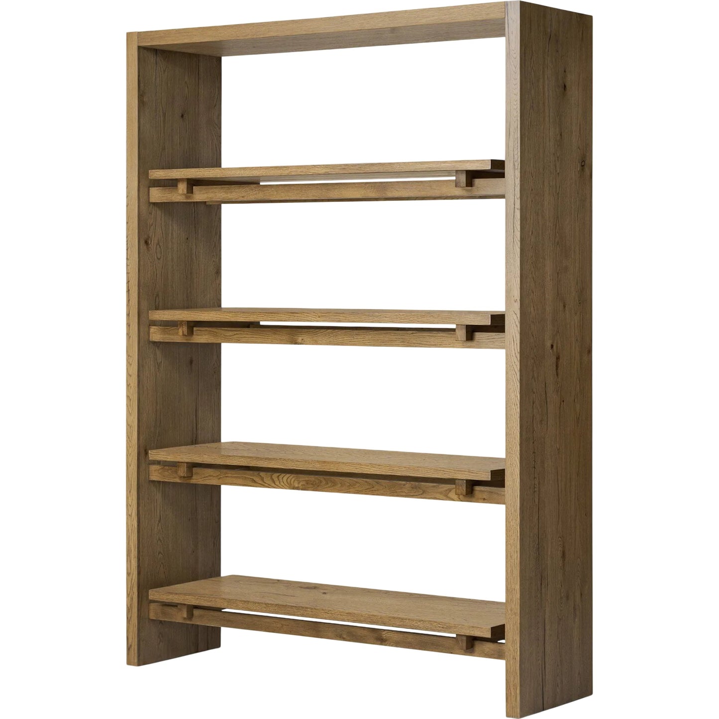 001 SI-2257153 | Primary Silo | Theodore Bookcase by Four Hands in rustic amber oak veneer. Made from thick oak veneer, engineered hardwood in a transitional style.