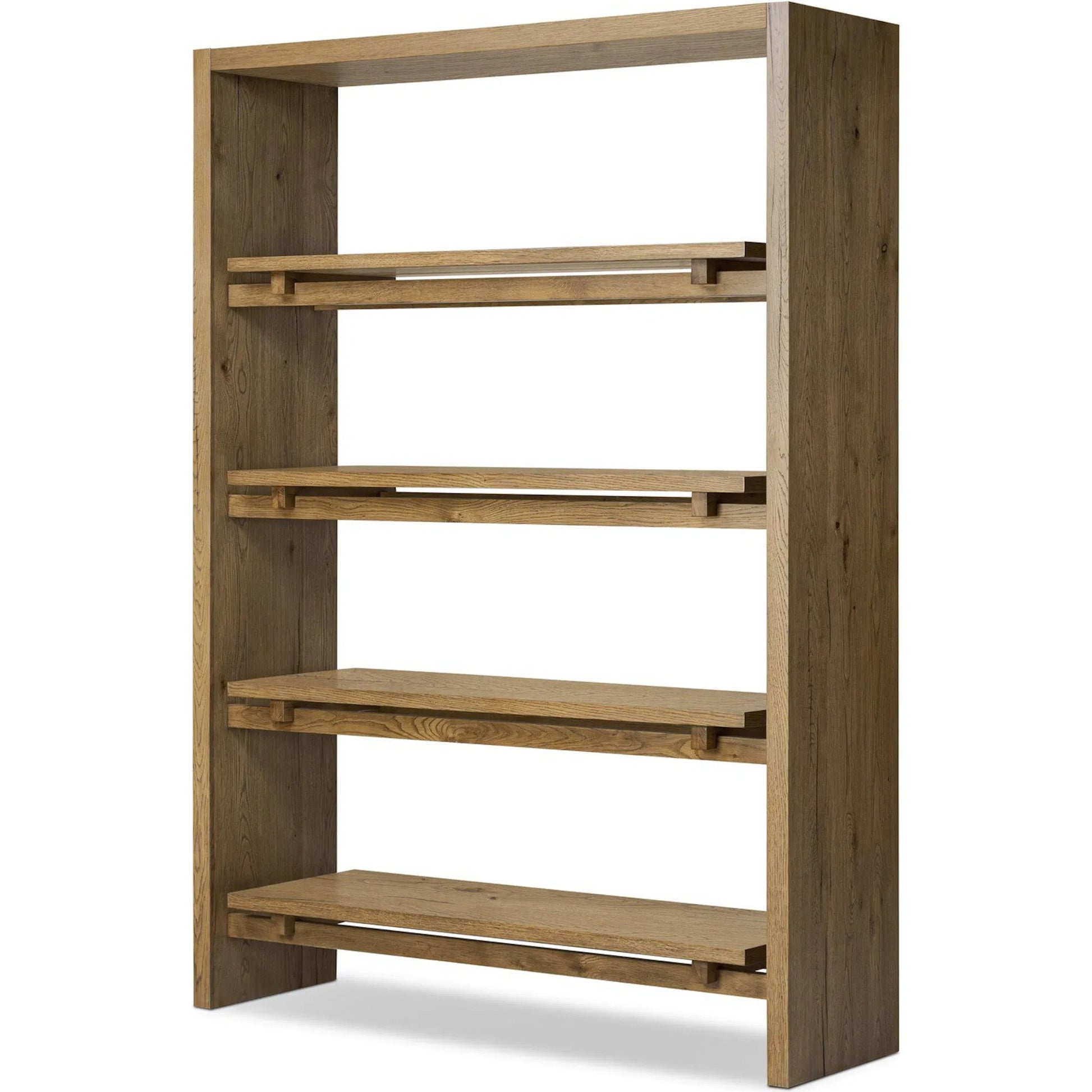 Theodore Bookcase by Four Hands in rustic amber oak veneer. Made from thick oak veneer, engineered hardwood in a transitional style.