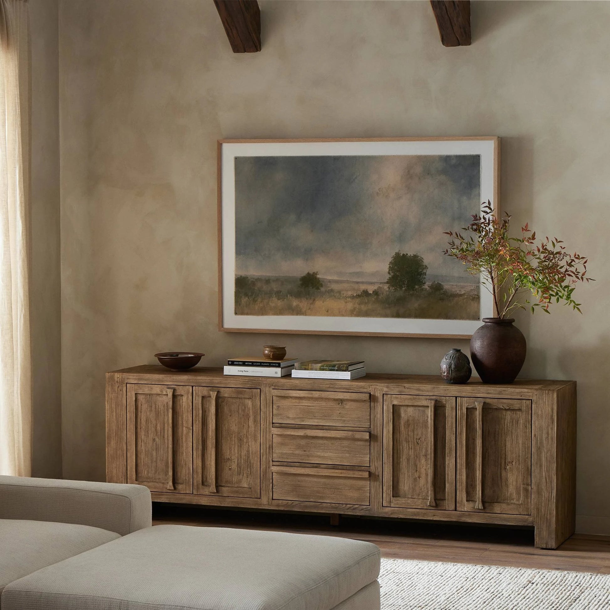 Blue Splendor by Aileen Fitzgerald by Four Hands in vertical grain white oak. Made from vertical grain 2.5 white oak, fredrix 558 raw canvas in a modern style.
