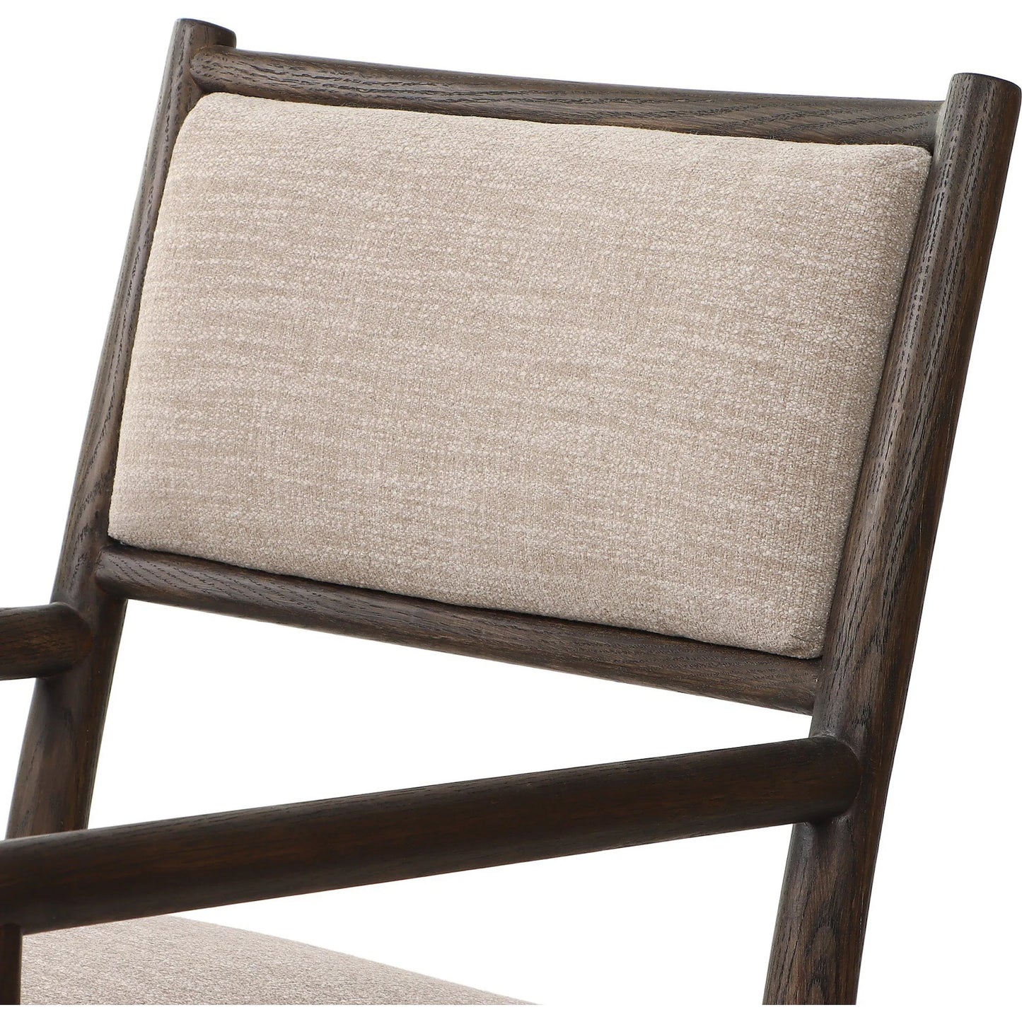 004 SI-2635254 | Closeup | Akiro Dining Armchair by Four Hands in laken stone, warm oak. Made from 90% polyester, 10% viscose (rayon), solid oak in a unique style.