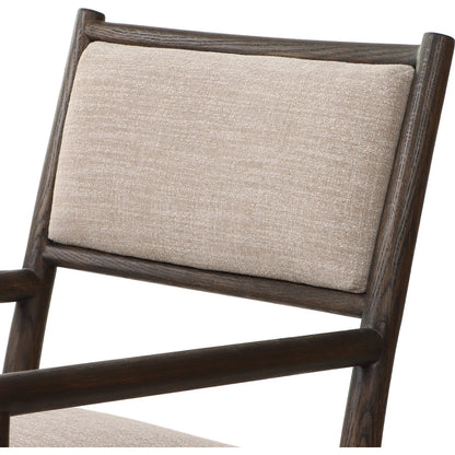 Akiro Dining Armchair by Four Hands in laken stone, warm oak. Made from 90% polyester, 10% viscose (rayon), solid oak in a unique style.