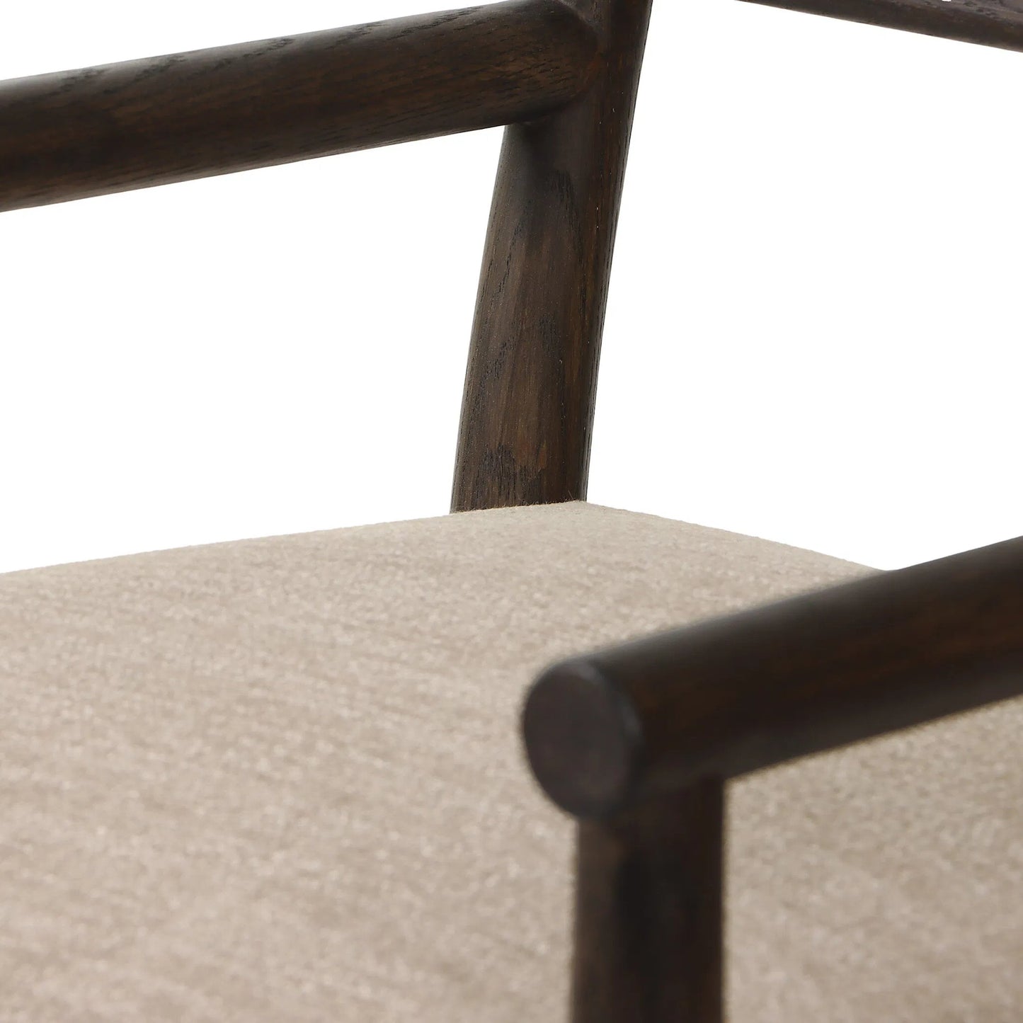 006 SI-2635254 | Closeup | Akiro Dining Armchair by Four Hands in laken stone, warm oak. Made from 90% polyester, 10% viscose (rayon), solid oak in a unique style.