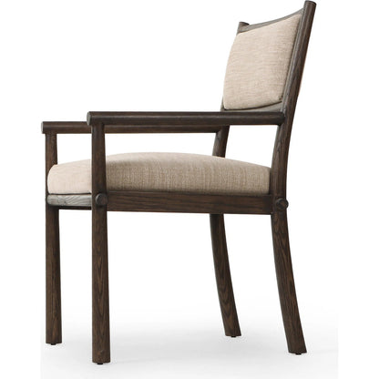 Akiro Dining Armchair by Four Hands in laken stone, warm oak. Made from 90% polyester, 10% viscose (rayon), solid oak in a unique style.