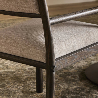 Akiro Dining Armchair by Four Hands in laken stone, warm oak. Made from 90% polyester, 10% viscose (rayon), solid oak in a unique style.