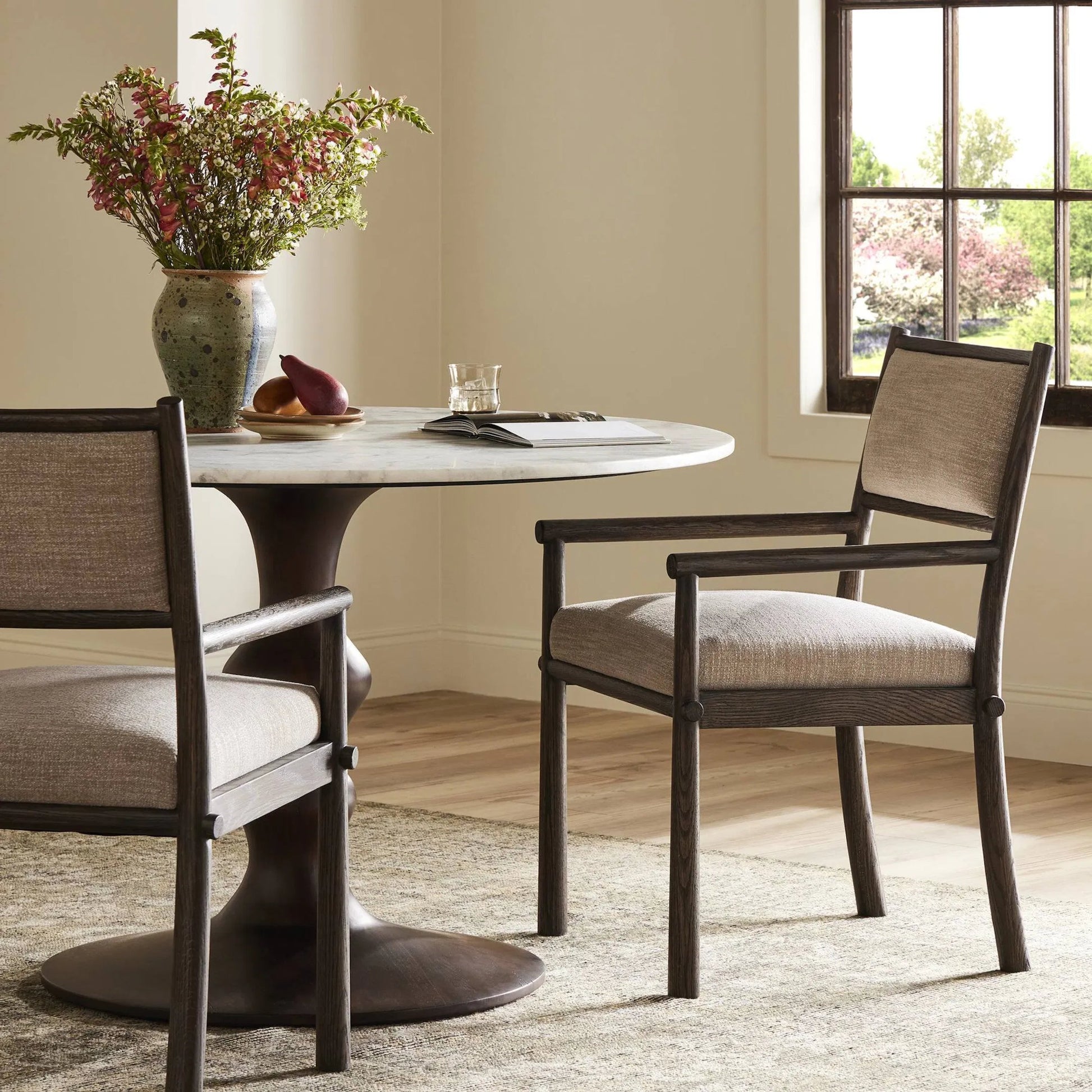 Akiro Dining Armchair by Four Hands in laken stone, warm oak. Made from 90% polyester, 10% viscose (rayon), solid oak in a unique style.