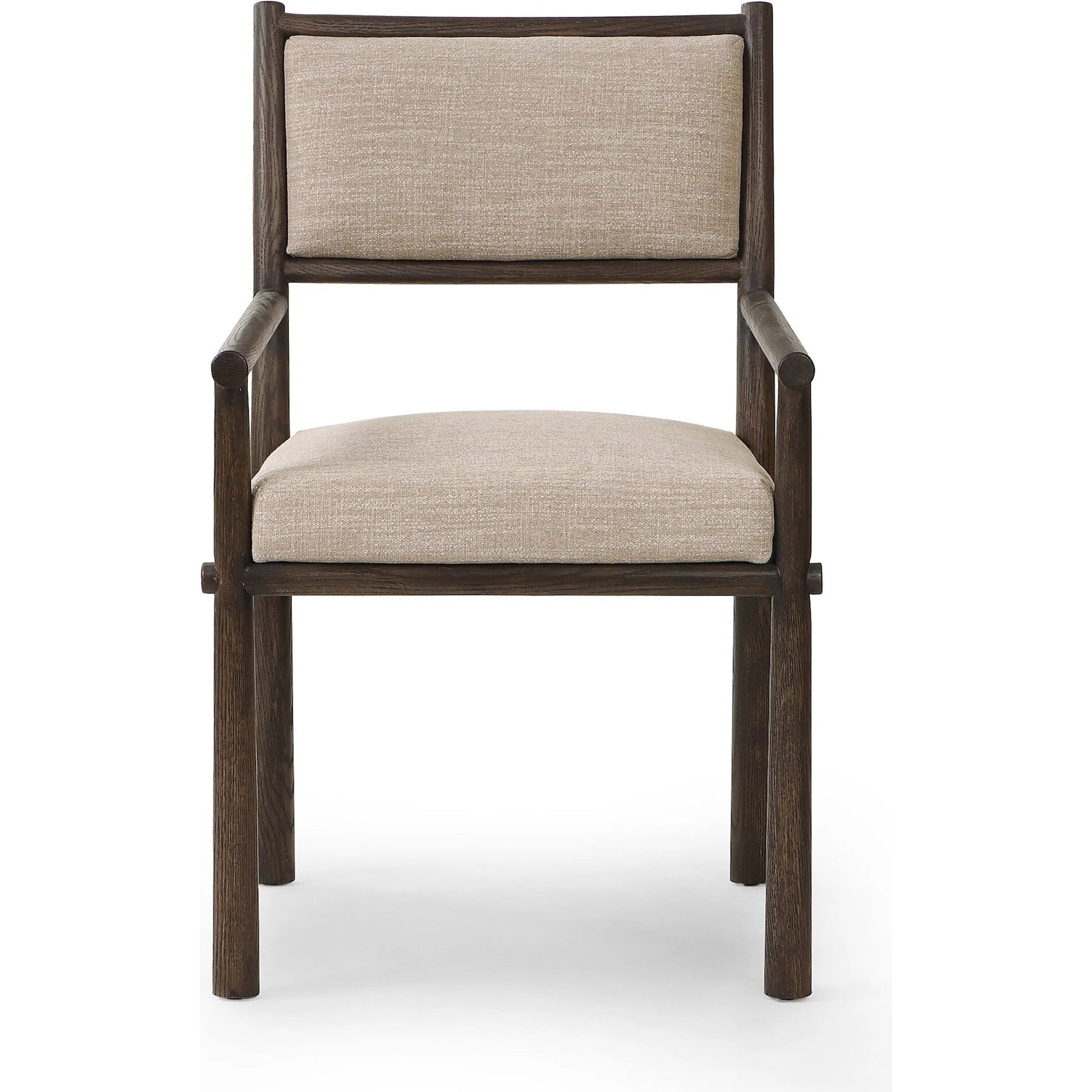 Akiro Dining Armchair by Four Hands in laken stone, warm oak. Made from 90% polyester, 10% viscose (rayon), solid oak in a unique style.