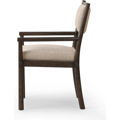 Akiro Dining Armchair by Four Hands in laken stone, warm oak. Made from 90% polyester, 10% viscose (rayon), solid oak in a unique style.