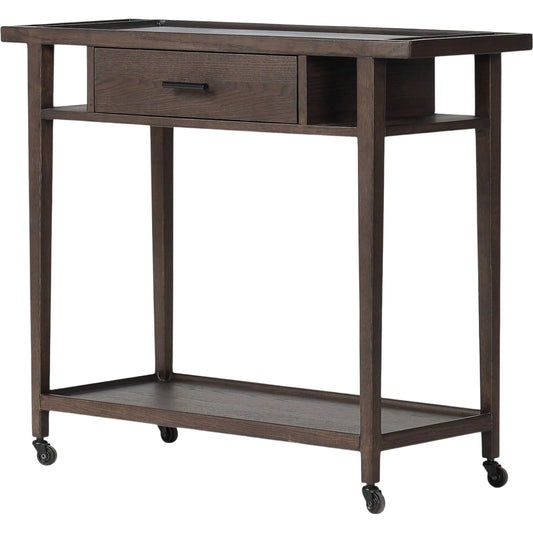 Dorrit Bar Cart by Four Hands in brown oak, honed white marble, smooth black metal. Made from solid oak, solid marble, aluminum in a transitional style.