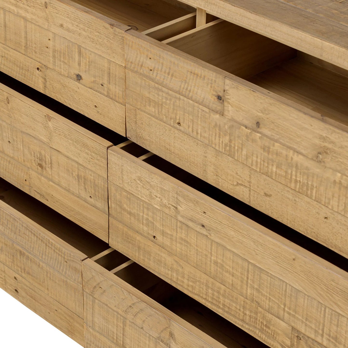 009 SI-2635340 | Closeup | Perot 6 Drawer Dresser by Four Hands in light blonde pine. Made from solid reclaimed pine in a unique style.