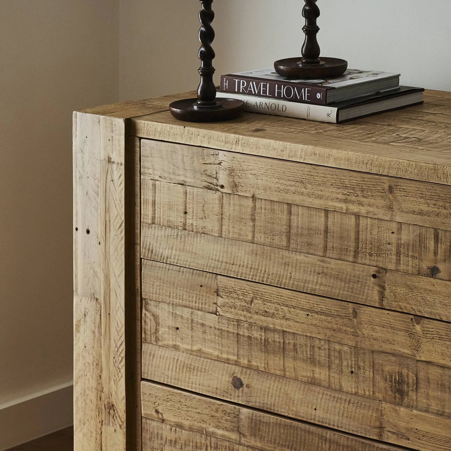 010 SI-2635340 | Closeup | Perot 6 Drawer Dresser by Four Hands in light blonde pine. Made from solid reclaimed pine in a unique style.