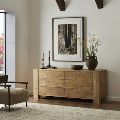 Perot 6 Drawer Dresser by Four Hands in light blonde pine. Made from solid reclaimed pine in a unique style.