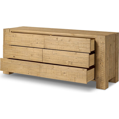Perot 6 Drawer Dresser by Four Hands in light blonde pine. Made from solid reclaimed pine in a unique style.