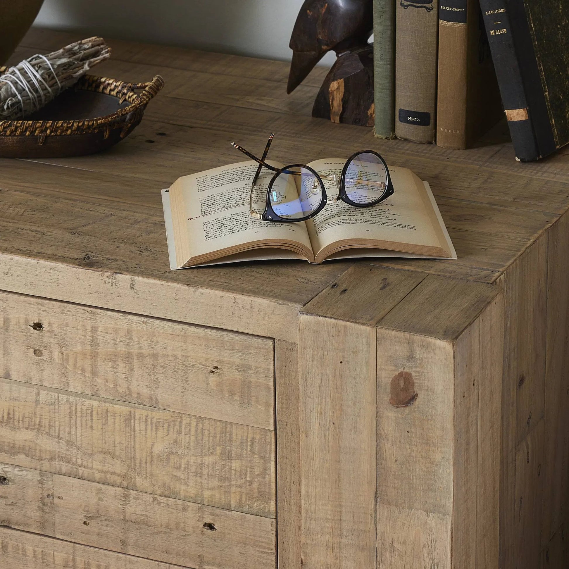 Perot Nightstand by Four Hands in light blonde pine. Made from solid reclaimed pine in a unique style.