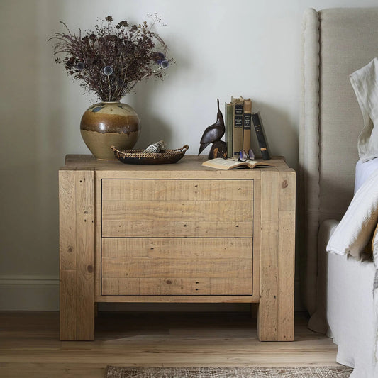 Perot Nightstand by Four Hands in light blonde pine. Made from solid reclaimed pine in a unique style.