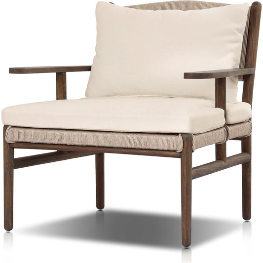 Herrin Outdoor Chair by Four Hands in liller flax, stained saddle brown, vintage white. Made from 96.27% polyester (uv), 3.73% post consumer recycled polyester, solid teak, 100% polyethylene in a unique style.
