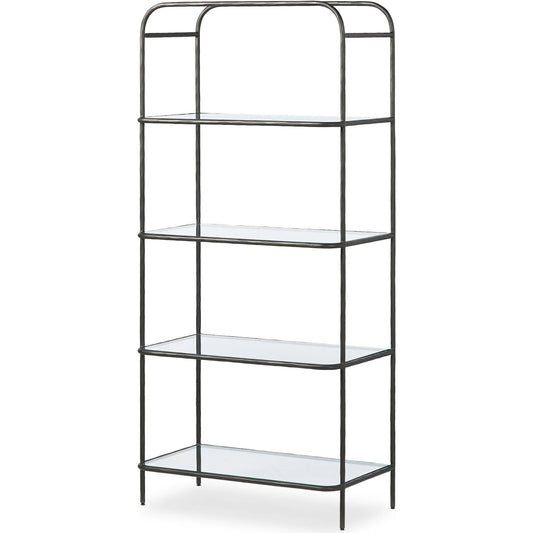 Swinton Bookcase by Four Hands in hammered gunmetal, tempered glass. Made from unique in a modern style.