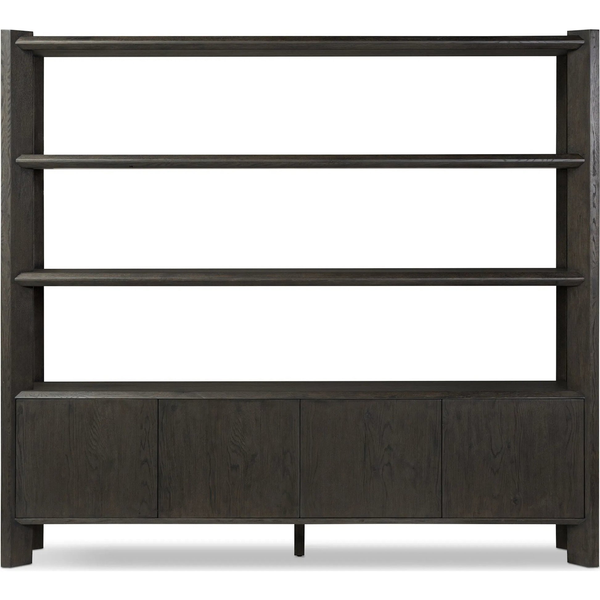Orwin Wide Bookshelf by Four Hands in worn oak, worn oak veneer. Made from solid oak, oak veneer in a transitional style.