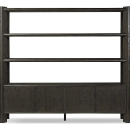 Orwin Wide Bookshelf by Four Hands in worn oak, worn oak veneer. Made from solid oak, oak veneer in a transitional style.
