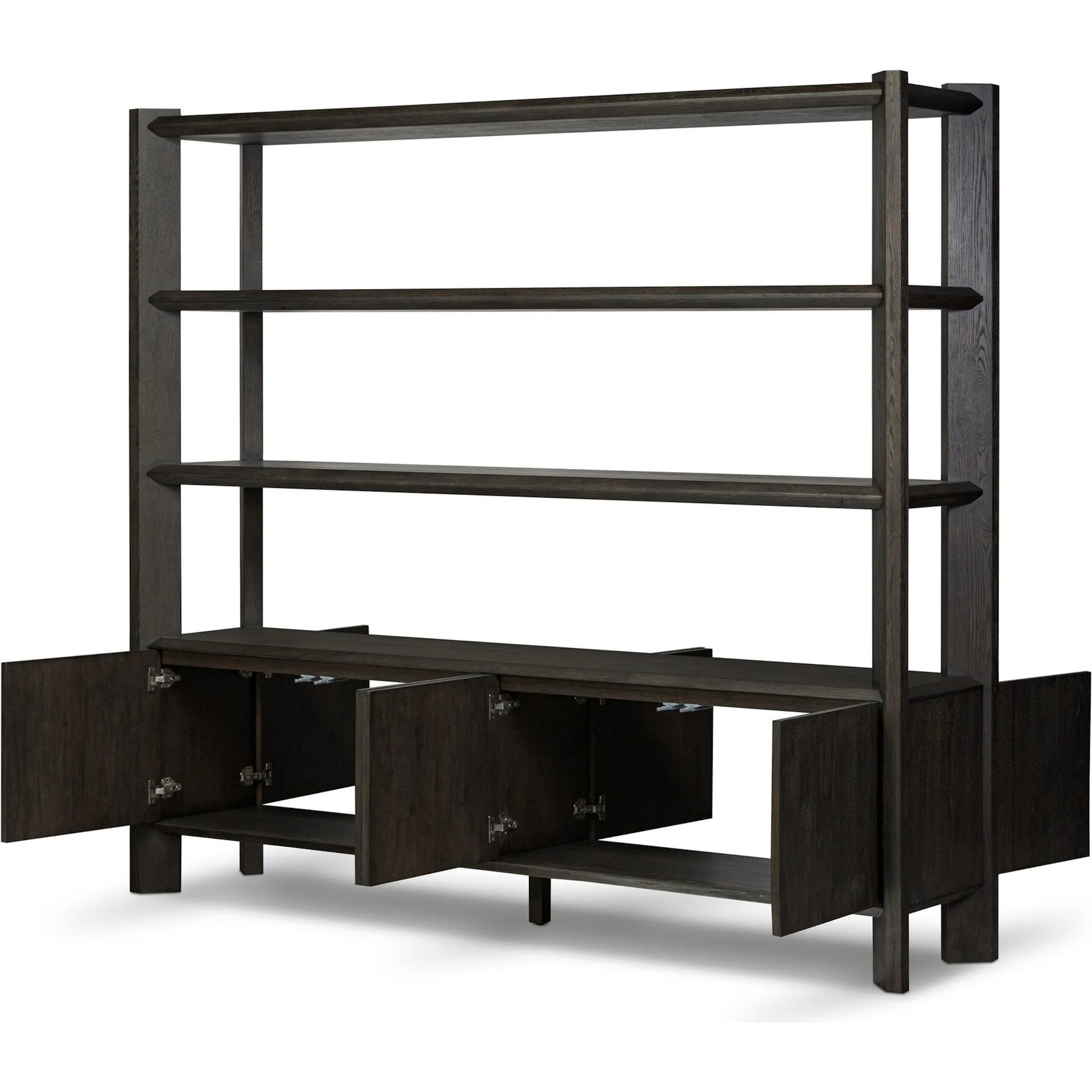 Orwin Wide Bookshelf by Four Hands in worn oak, worn oak veneer. Made from solid oak, oak veneer in a transitional style.