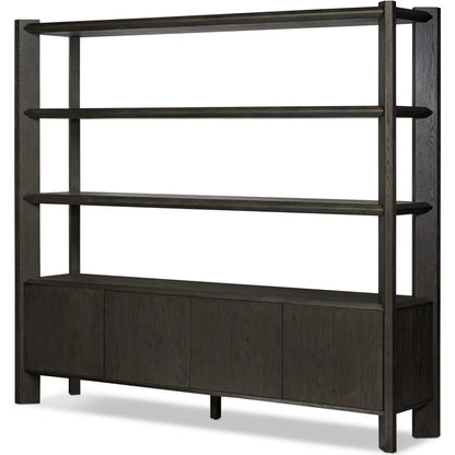 Orwin Wide Bookshelf by Four Hands in worn oak, worn oak veneer. Made from solid oak, oak veneer in a transitional style.