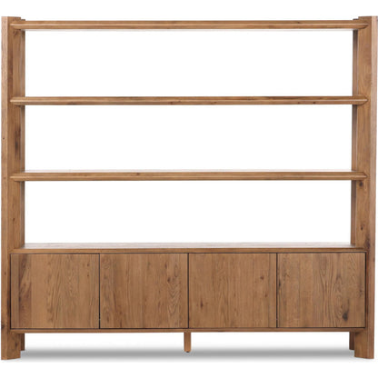 Orwin Wide Bookshelf by Four Hands in worn oak, worn oak veneer. Made from solid oak, oak veneer in a transitional style.