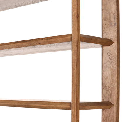Orwin Wide Bookshelf by Four Hands in worn oak, worn oak veneer. Made from solid oak, oak veneer in a transitional style.