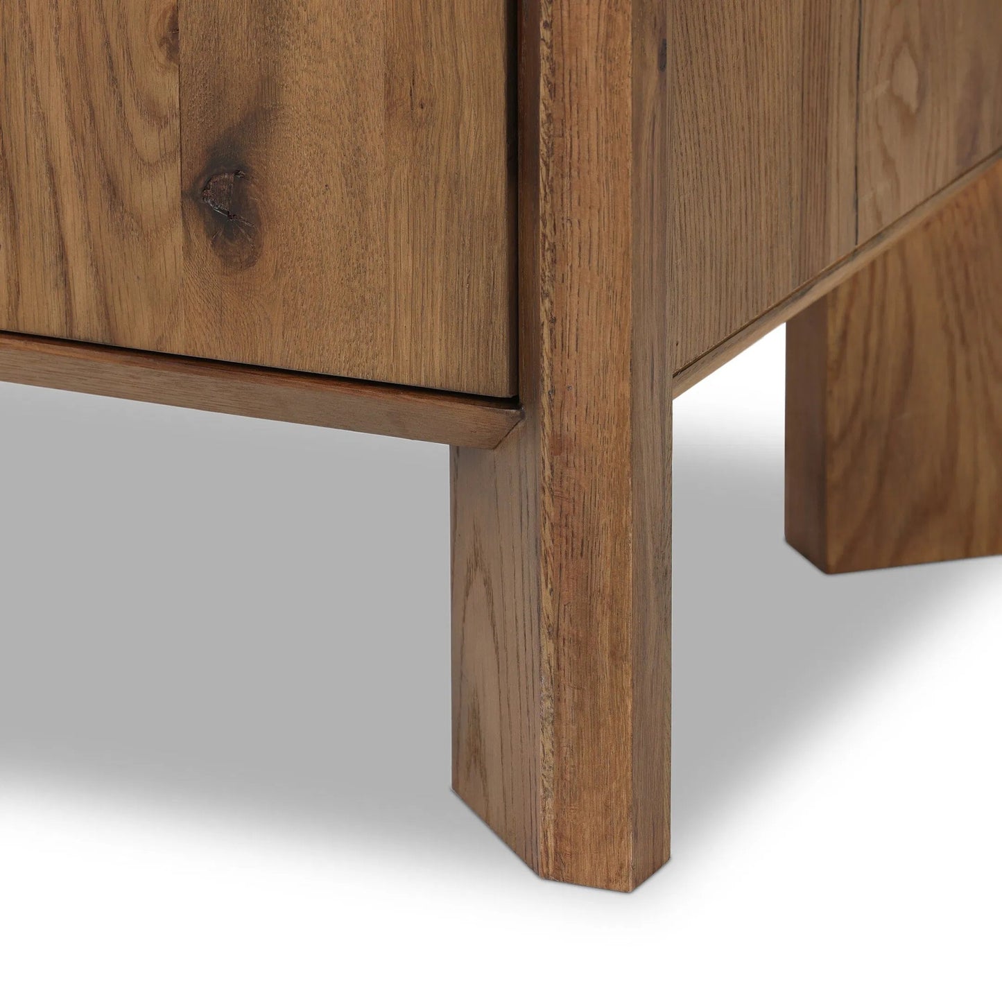 019 SI-2535275 | Closeup | Orwin Wide Bookshelf by Four Hands in worn oak, worn oak veneer. Made from solid oak, oak veneer in a transitional style.