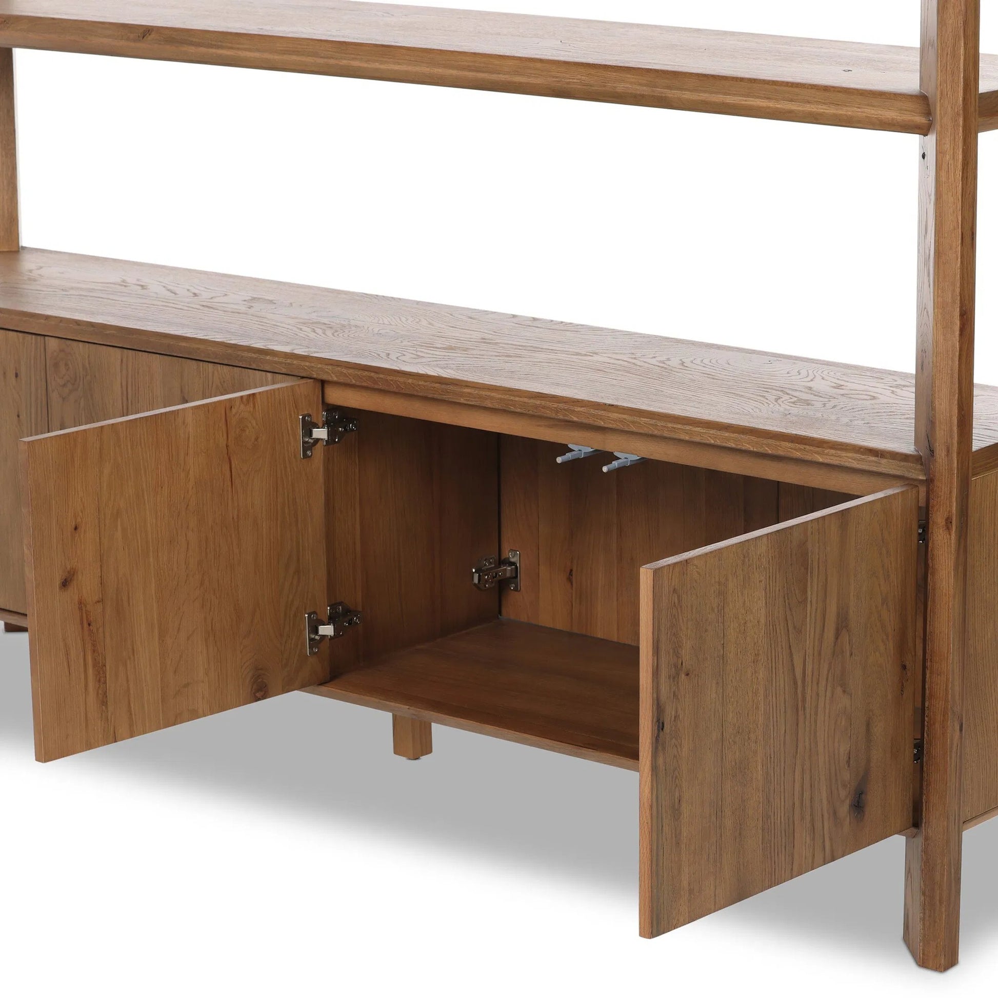 Orwin Wide Bookshelf by Four Hands in worn oak, worn oak veneer. Made from solid oak, oak veneer in a transitional style.