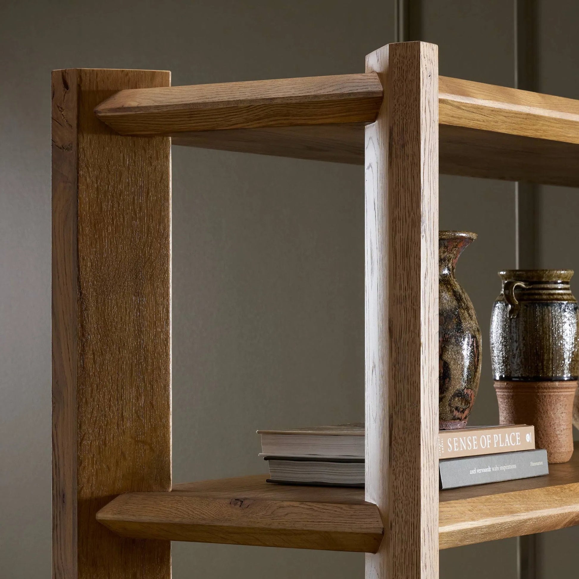 Orwin Wide Bookshelf by Four Hands in worn oak, worn oak veneer. Made from solid oak, oak veneer in a transitional style.