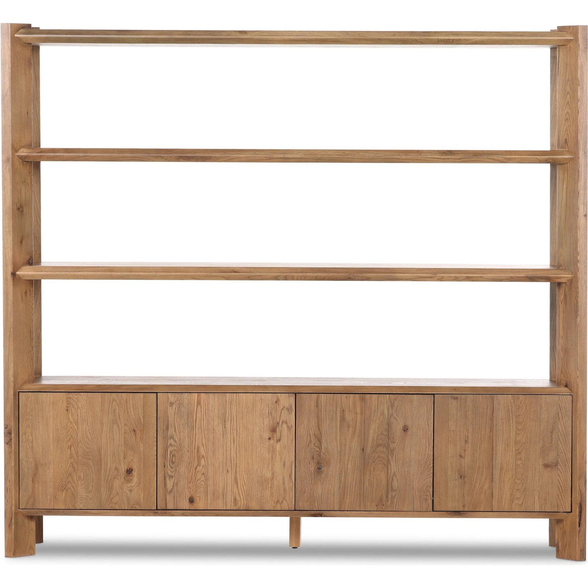 Orwin Wide Bookshelf by Four Hands in worn oak, worn oak veneer. Made from solid oak, oak veneer in a transitional style.