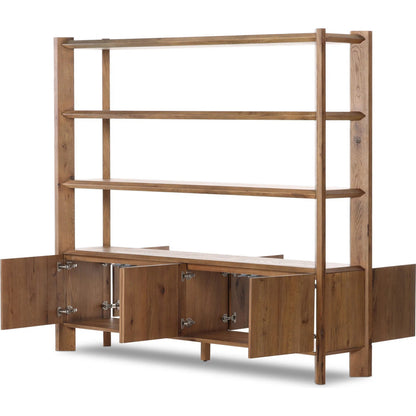 Orwin Wide Bookshelf by Four Hands in worn oak, worn oak veneer. Made from solid oak, oak veneer in a transitional style.