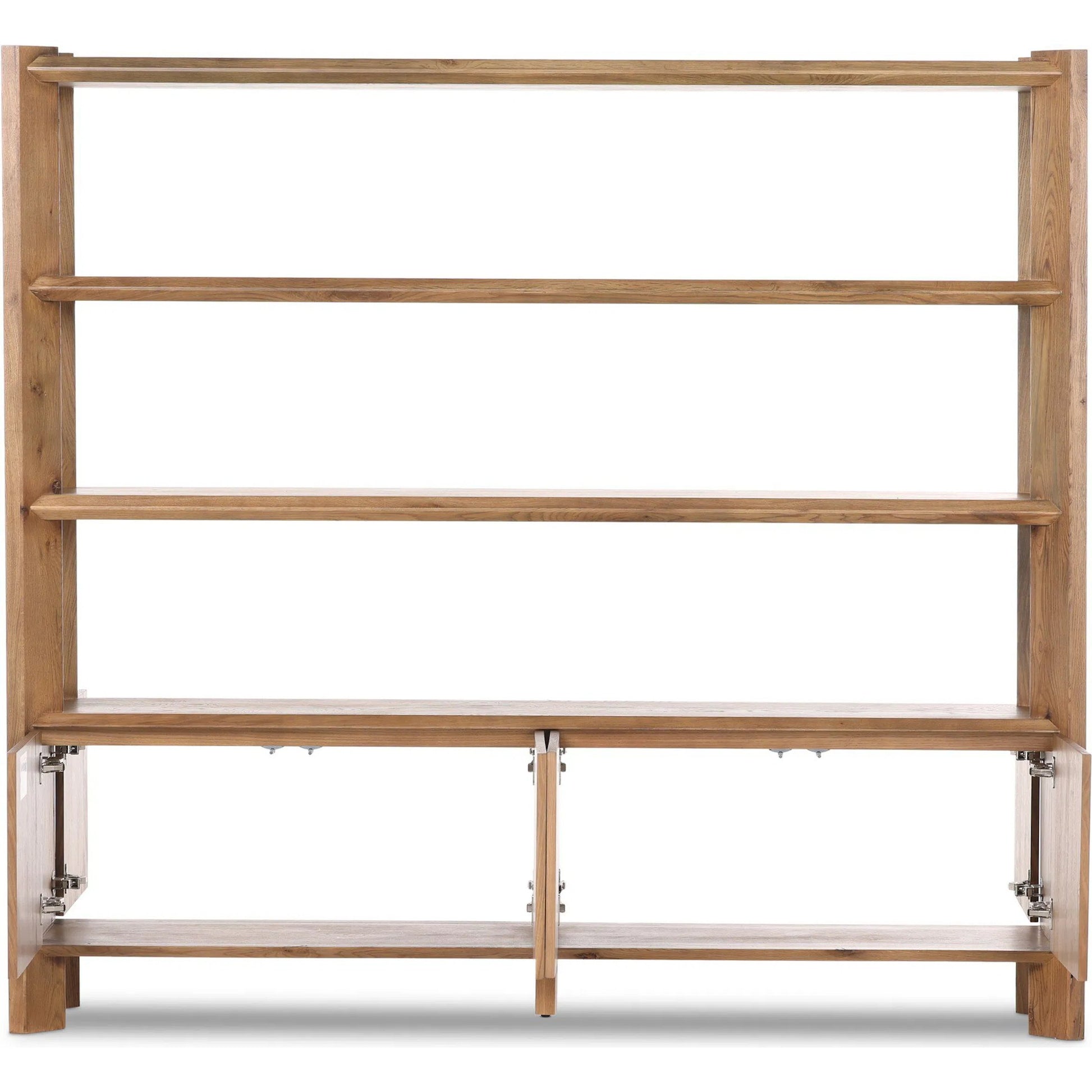 Orwin Wide Bookshelf by Four Hands in worn oak, worn oak veneer. Made from solid oak, oak veneer in a transitional style.
