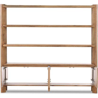 Orwin Wide Bookshelf by Four Hands in worn oak, worn oak veneer. Made from solid oak, oak veneer in a transitional style.