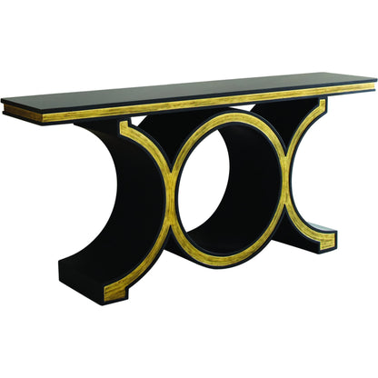 Link Console by Global Views in satin black lacquer, gold leaf, oak. Made from oak, solid poplar in a transitional style.