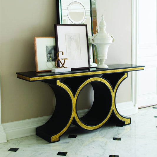 Link Console by Global Views in satin black lacquer, gold leaf, oak. Made from oak, solid poplar in a transitional style.
