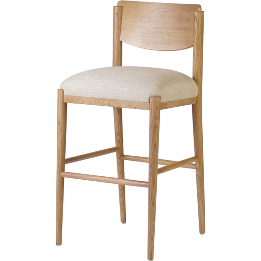 Piran Bar Stool by Four Hands in essence natural, natural nettlewood, natural ash veneer. Made from 49% viscose (rayon), 22% flax/linen, 18% polyester, 11% cotton, solid nettlewood, ash veneer in a unique style.