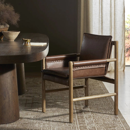 Kellis Dining Chair by Four Hands in havana brown, amber ash. Made from top grain leather, solid ash in a traditional style.