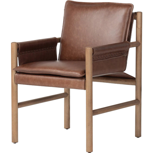 Kellis Dining Chair by Four Hands in havana brown, amber ash. Made from top grain leather, solid ash in a traditional style.