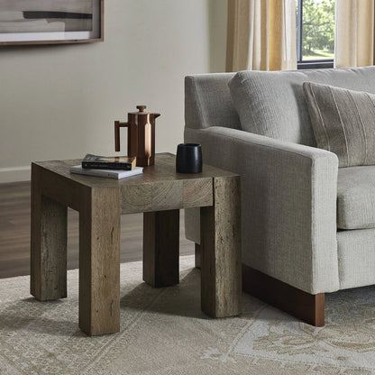Abaso End Table by Four Hands. Made from thick oak veneer, engineered hardwood in a rustic style.