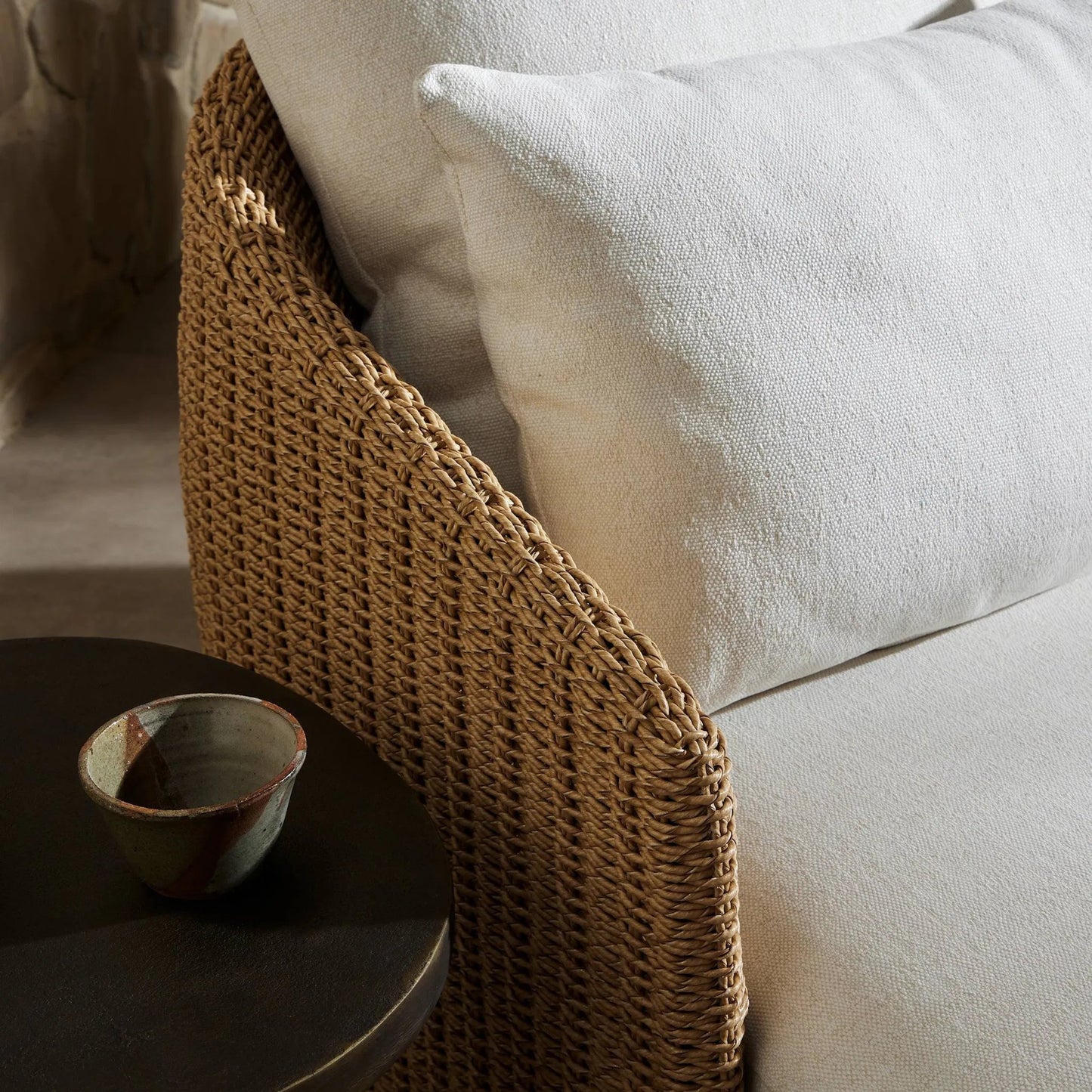 013 SI-2519243 | Closeup | Maven Outdoor Double Chaise by Four Hands in faux hyacinth, alessi linen. Made from 100% polyethylene, 100% polypropylene in a transitional style.