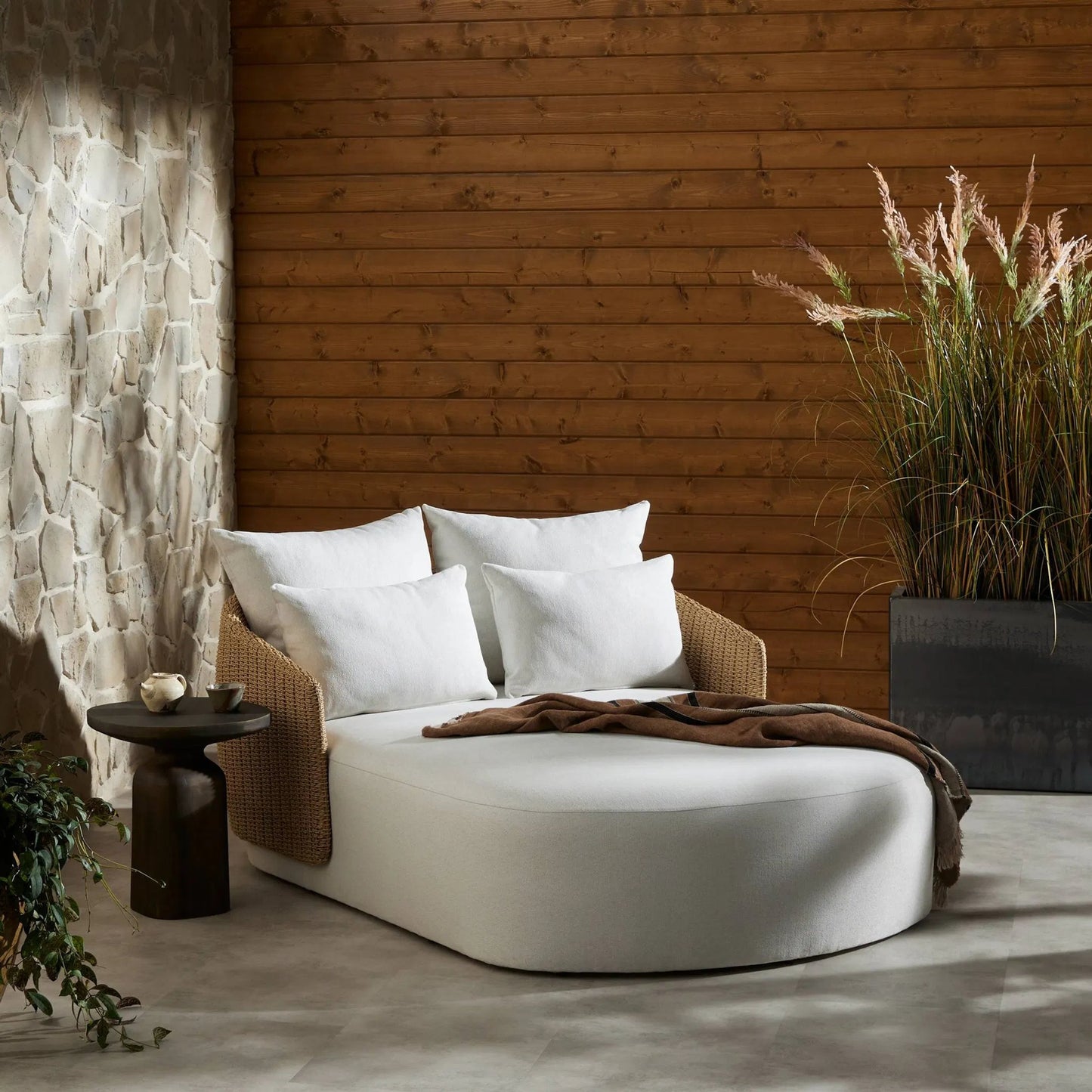 014 SI-2519243 | Lifestyle | Maven Outdoor Double Chaise by Four Hands in faux hyacinth, alessi linen. Made from 100% polyethylene, 100% polypropylene in a transitional style.