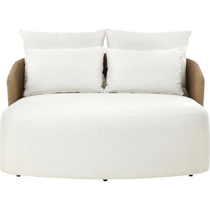 Maven Outdoor Double Chaise by Four Hands in faux hyacinth, alessi linen. Made from 100% polyethylene, 100% polypropylene in a transitional style.