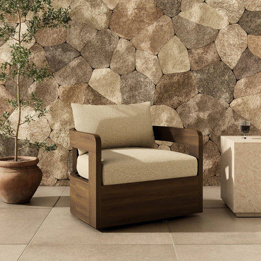 Jackson Outdoor Swivel Chair by Four Hands. Made from 100% olefin, solid fsc®-certified teak in a unique style.